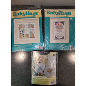 New Lot X3 Baby Hugs Cross Stitch Kits Wildlife Babies Prayer Bibs NIP NOS